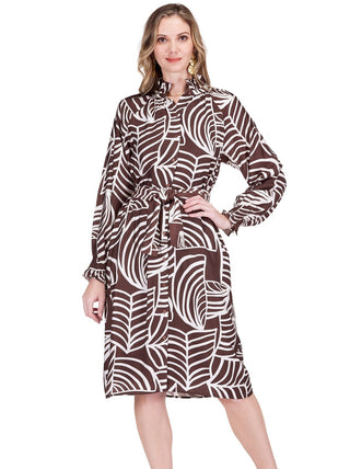 Gathers Neck Midi Dress - Brown Ferns