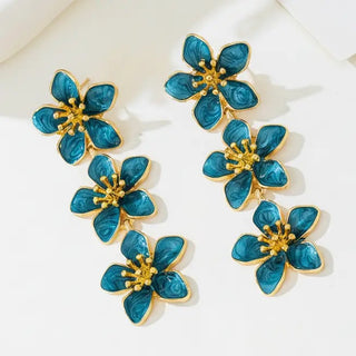Gold Plated Blue 3 Petals Dangle Earrings