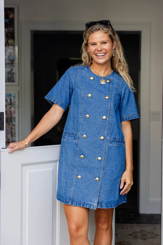Button Front Denim Dress - Blue Denim