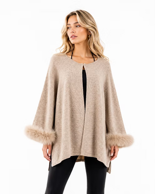 Oatmeal Wool & Lurex Wrap w/Fur Cuffs