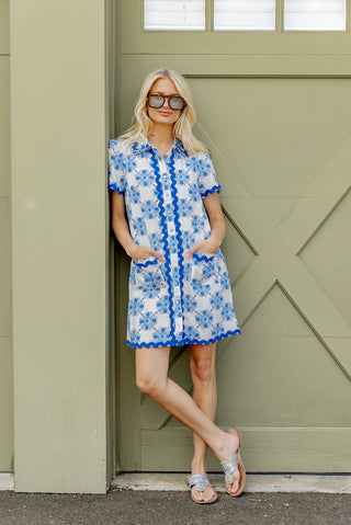 Short Sleeve Shift with Ric Rac - Floral Tile