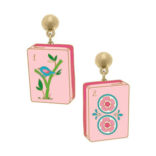 Mahjong Tile Enamel Earrings Light Pink