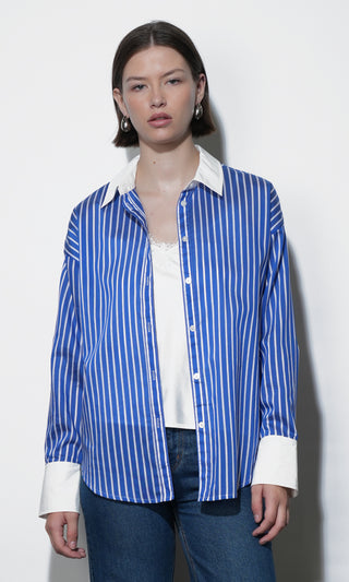 Geneviv Oversized Bold Stripe with Contrast Cuff - Blue/White