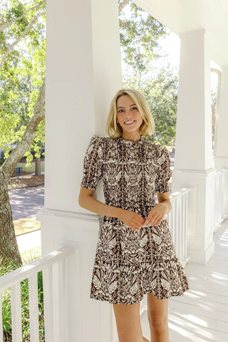 Smocked Puff Sleeve Mini Dress - Tropical Block Print