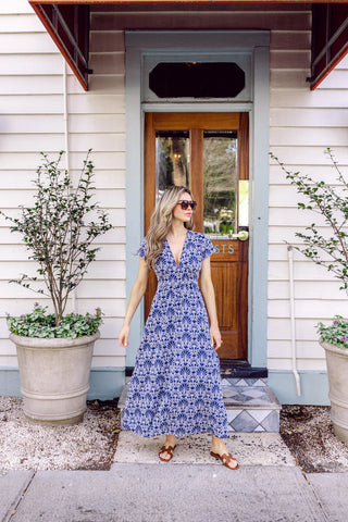 Short Sleeve V-Neck Maxi Dress - Navy Shell