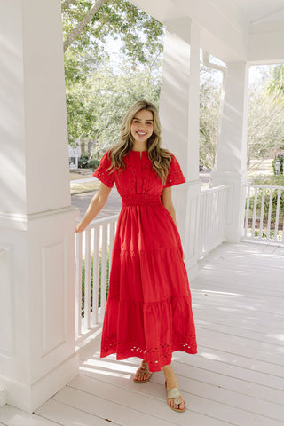 Short Sleeve Cinched Waist Maxi Dress - Red
