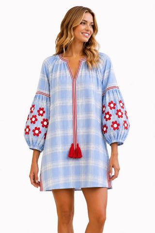 Football Plaid Dress - Powder/Red