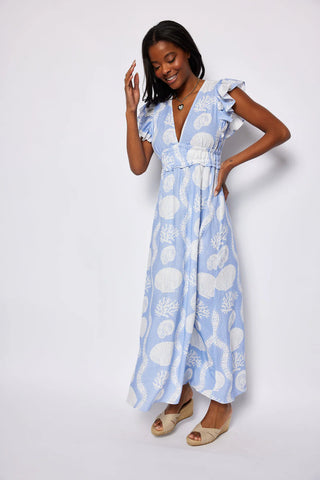 V-Neck Flutter Sleeve Maxi - Sea Stripe Print