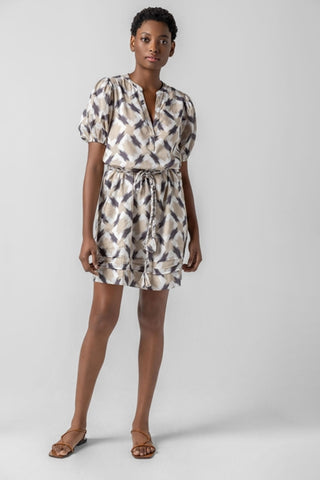 Shirred Elbow Sleeve Dress - Neutral Ikat Print