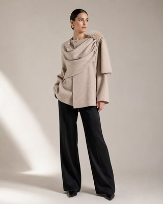 Oatmeal Pull Through Wool Wrap & Fox Trim