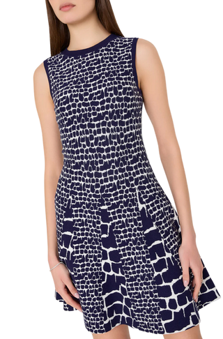 Tile Wave Jacquard Knit Mini Flare Dress - Navy/Ecru