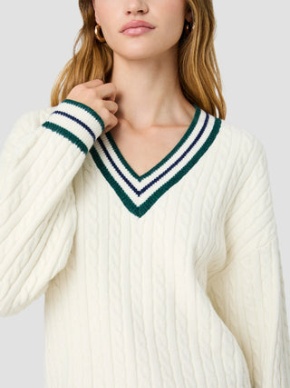Aleyna Knit V-Neck Cable Pullover - Porcelain Cream/Teal Marine