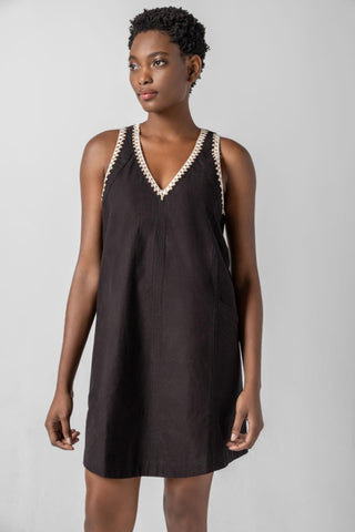 Crochet Trim V-Neck Dress - Black