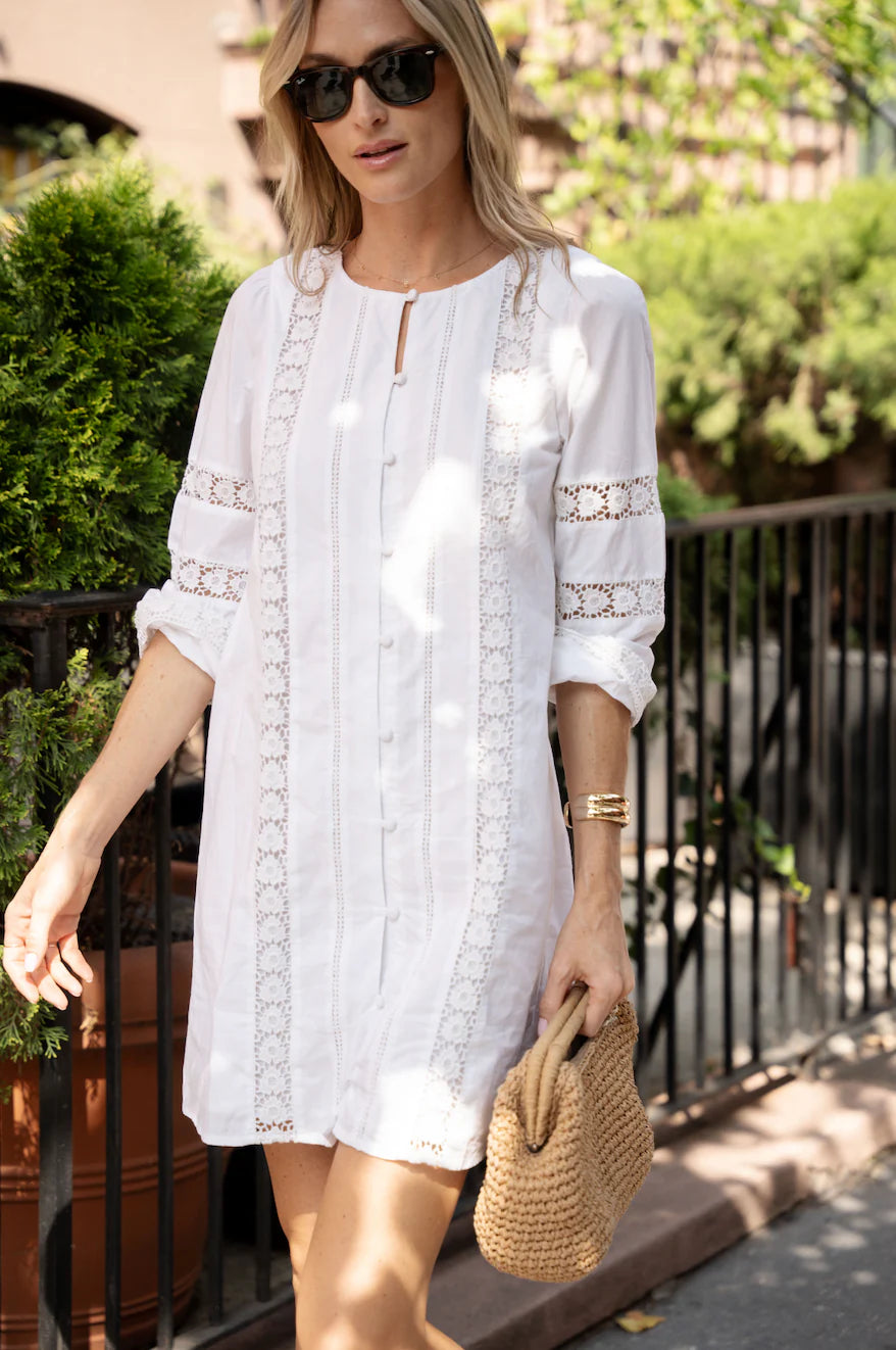 white long sleeve shift dress Sail to Sable White Button Front Shift White / XS / JM26012