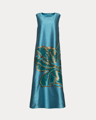 Alice Midi Dress Fringed Tulip Poly Dupion - Teal