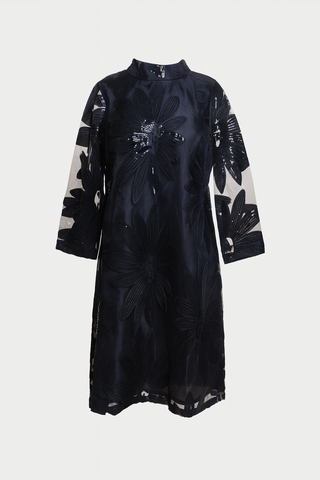 Diplomat Mini Dress Floral Sequin Poly Mesh - Navy