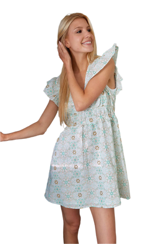 V-Neck Flutter Sleeve Mini Dress - White/Cabbage/Gold