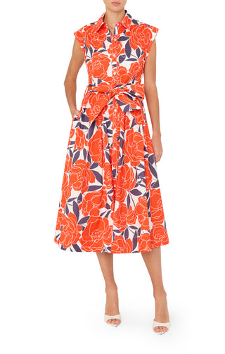 Jules Camellia Floral Midi Dress - Coral Multi