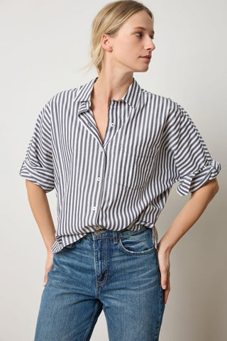 Doleman Sleeve Button Down Shirt - Navy/White Stripe