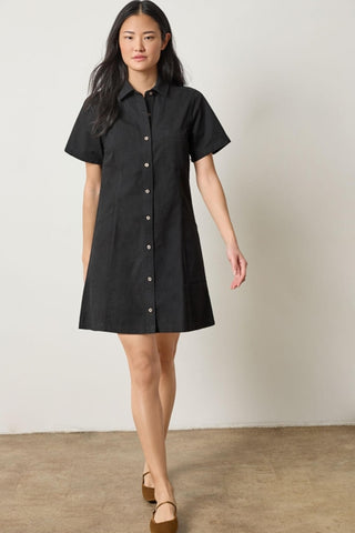 Twill Paneled Shirt Dress - Black