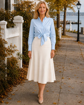 The Kitty Front Tie Polo Cotton Blouse-Sky
