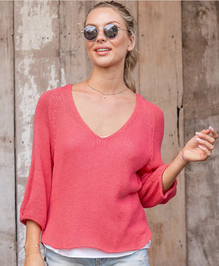 Helene 3/4 Sleeve Top - Coral Hibiscus