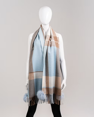 Plaid Narrow Woven Scarf w/ Fox Pom Pom