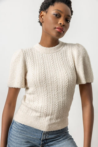 Crew Neck Flutter Sleeve Sweater - Bone