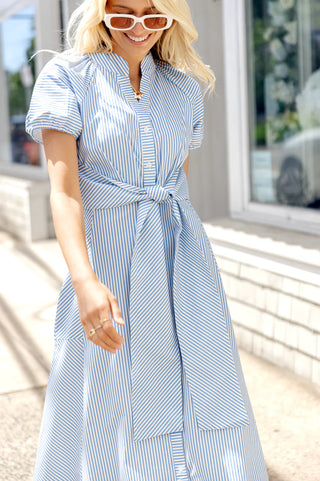 Tie Front Maxi Dress - Little Boy Blue/White Stripe