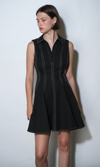 Sydney Topstitch Flare Mini Dress - Black