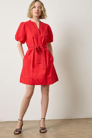 Shirred Sleeve Split Neck Dress - Scarlet