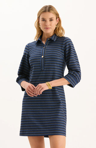 Kat Gold Button Knit Dress - Navy/Ivory/White