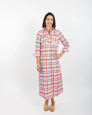 red and white plaid shirt dress RED PLAID WOVEN LONG SHIRT DRESS Zonya Campbell