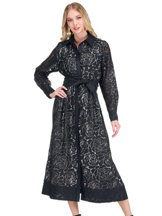Pleated Waist 50" Shirtdress - Black Burnout