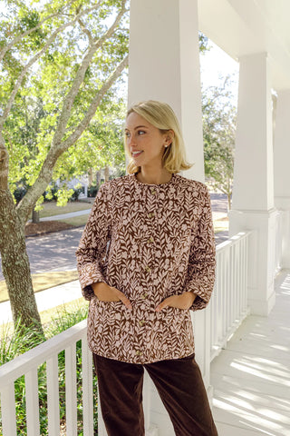 Button Front Quilted Jacket - Floral Vine Print