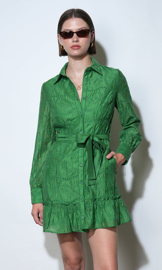 Tabitha Embroidered Cinched Waist Mini Dress - Retro Green