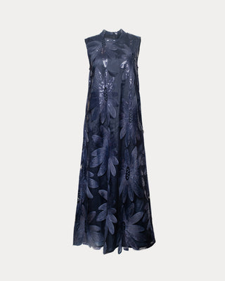 Diplomat Maxi Dress Sleeveless Floral Sequin Poly Mesh - Navy