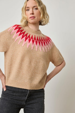 Short Sleeve Easy Fair Isle Sweater - Camel Fairisle