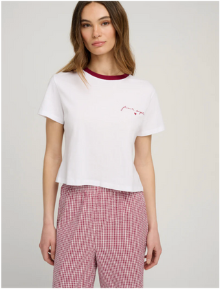 The Cropped Signature Chest Tee - Off White/Raspberry