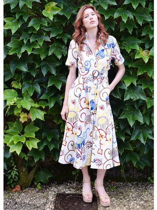 Princess Seam Short Sleeve Dress - Floral Linen