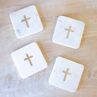 Cross Marble Coasters - White Brass