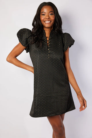 Puff Sleeve Button Front Dress - Black/Gold/Jacquard
