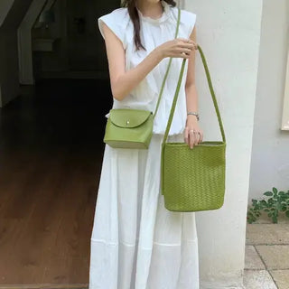 2 in 1 Faux Woven Microfiber Leather Bag - Green