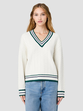 Aleyna Knit V-Neck Cable Pullover - Porcelain Cream/Teal Marine