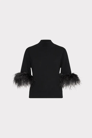 Short Sleeve Feather Mock Neck Sweater - Black