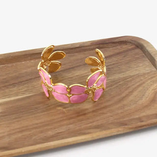 Enameled Flower Cuff Bracelet - Pink