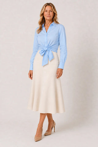 The Kitty Front Tie Polo Cotton Blouse-Sky