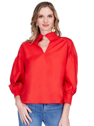 Split Stand Collar Trim Top - Red