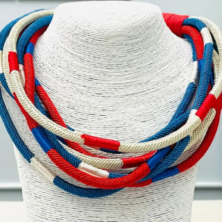 Slub 8-Strand Necklace Red/Blue/Ecru