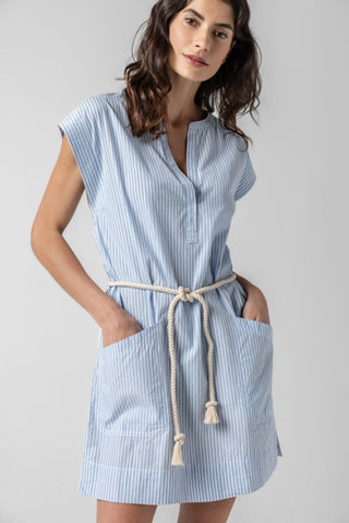 Striped Split Neck Dress - Malibu Stripe